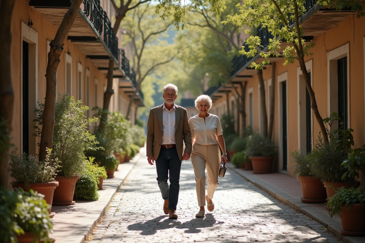 Couple marche dans une cour fleurie devant un hôtel