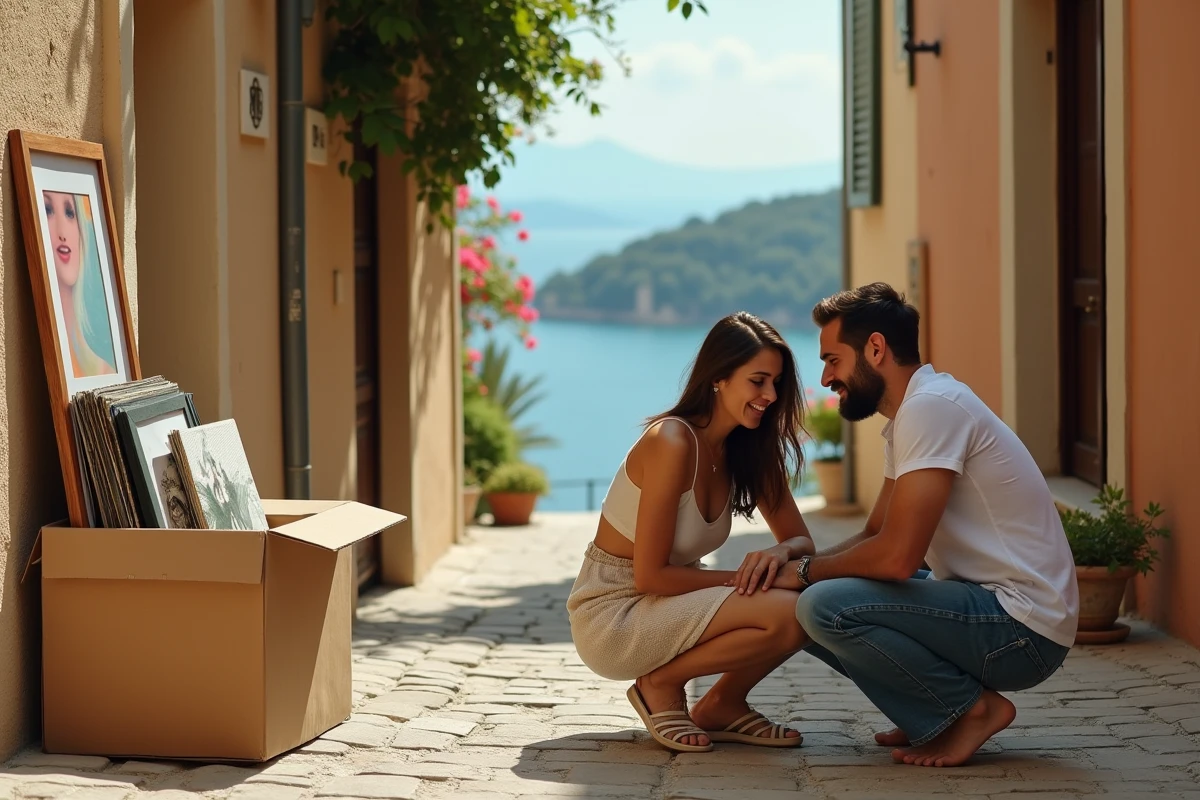 Jeune couple fouillant des disques vinyles lors d'un vide grenier secret dans un village perché des Alpes Maritimes avec vue sur la mer