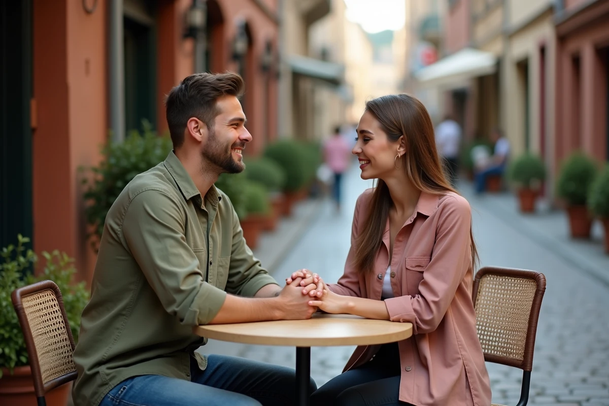 Couple se tenant la main dans un café, symbolisant l'engagement amoureux et le signe de l'heure miroir 20h20