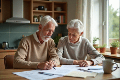 Couple retraité lisant des documents fiscaux dans une cuisine lumineuse