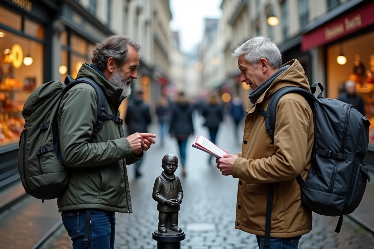 Couple de touristes découvrant la petite taille du Manneken Pis à Bruxelles avec une expression surprise amusée