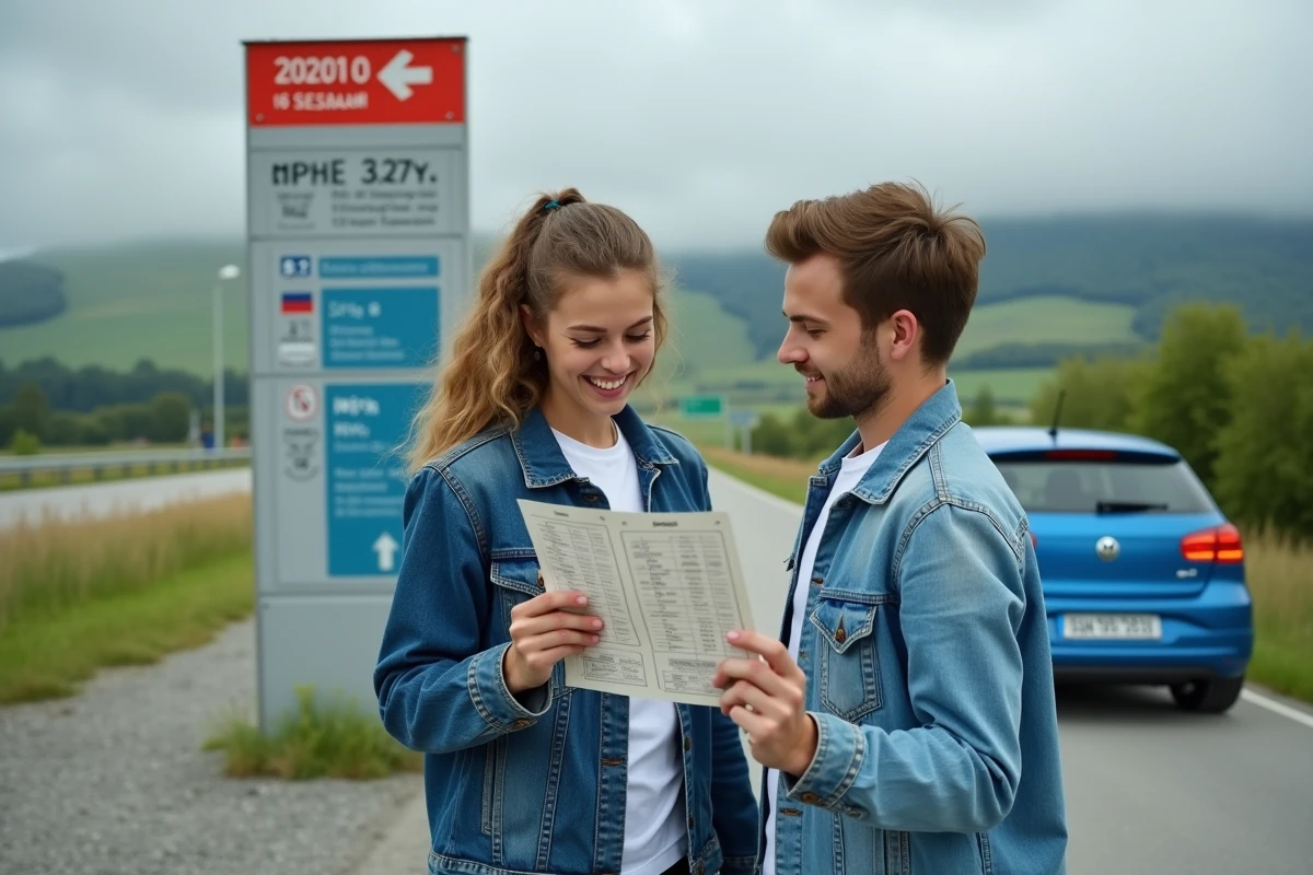 Couple de voyageurs consultant un tableau de conversion miles en kilomètres à un kiosque d'information routière en Europe