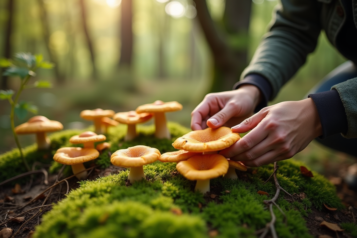 Personne cueillant des chanterelles dans la forêt verte