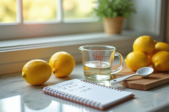 Plan de travail cuisine avec verre doseur et citrons frais