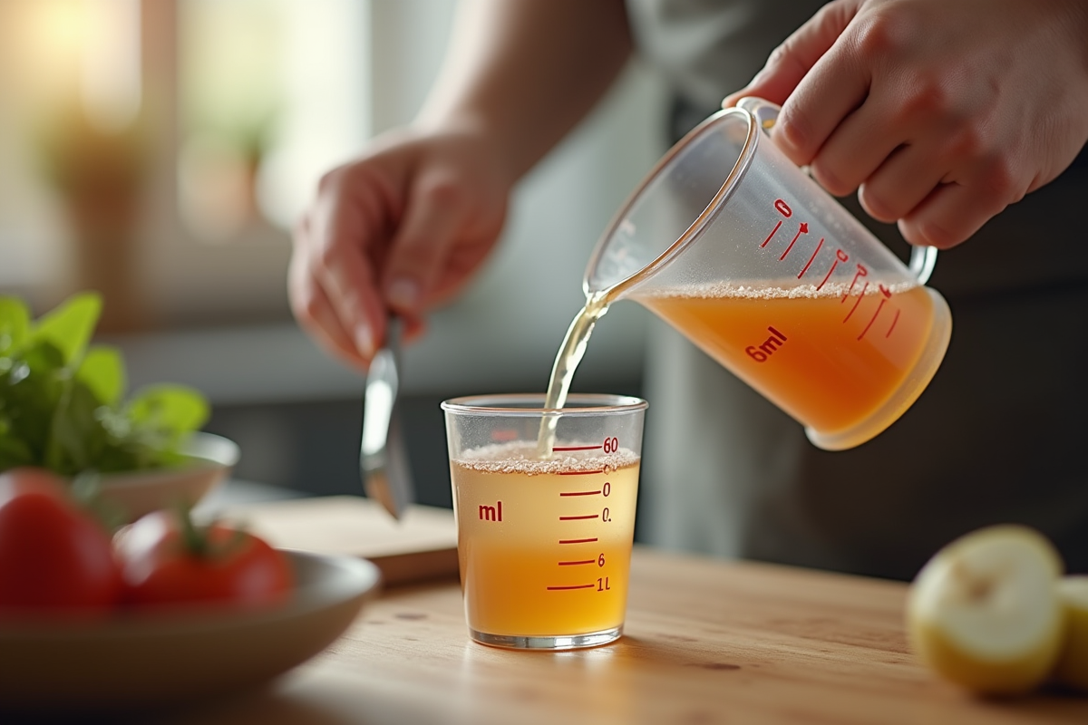 Main de chef versant 60 ml de liquide dans un récipient