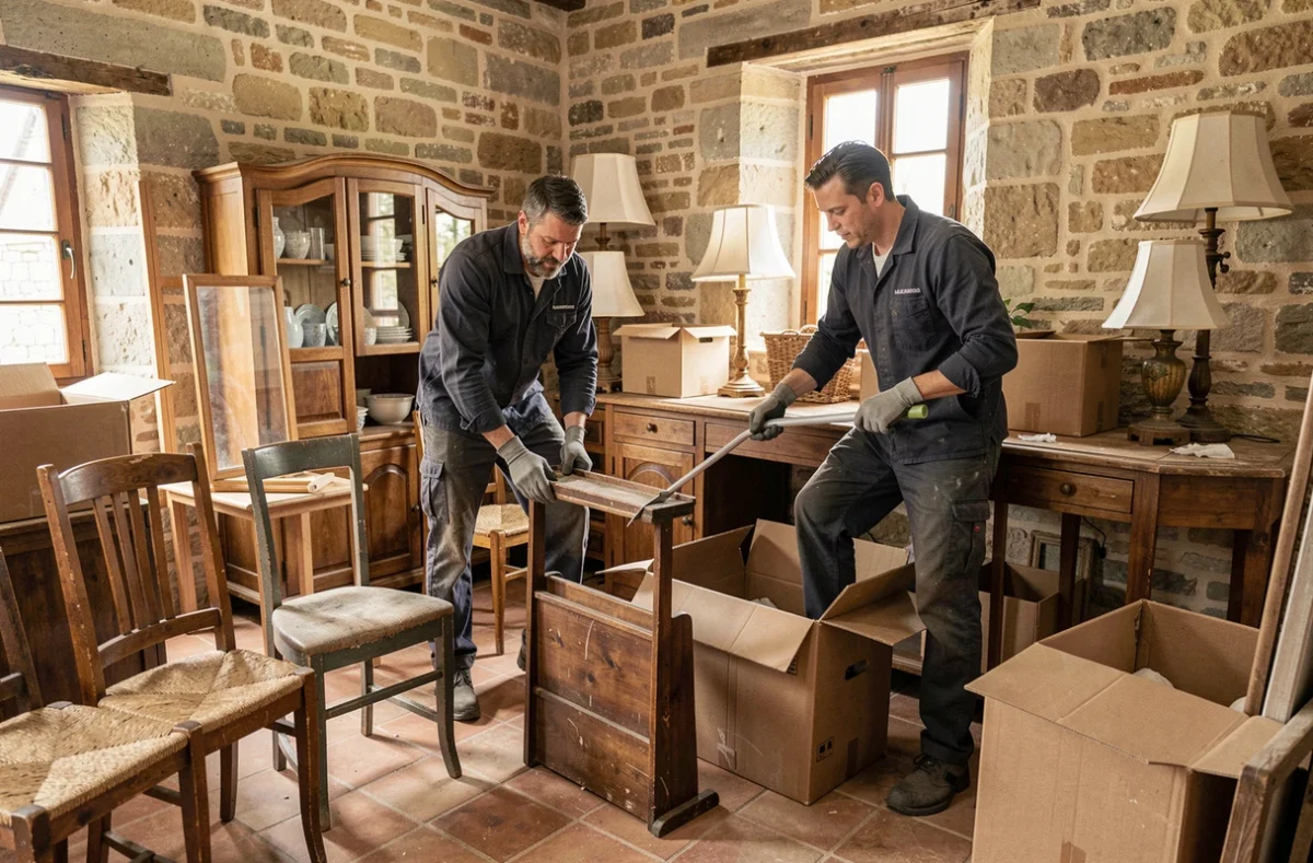 Équipe de Débarras Angers triant des meubles anciens et des effets personnels dans une maison en pierre en cours de débarras à Angers