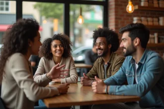 Groupe de personnes de différentes origines en discussion animée dans un café, illustrant le débat sur les limites de l'humour et du racisme