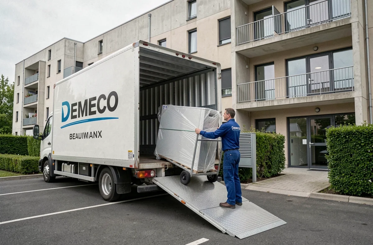 Camion Demeco Déménagements Caille et déménageur avec chariot devant un immeuble à Beauvais