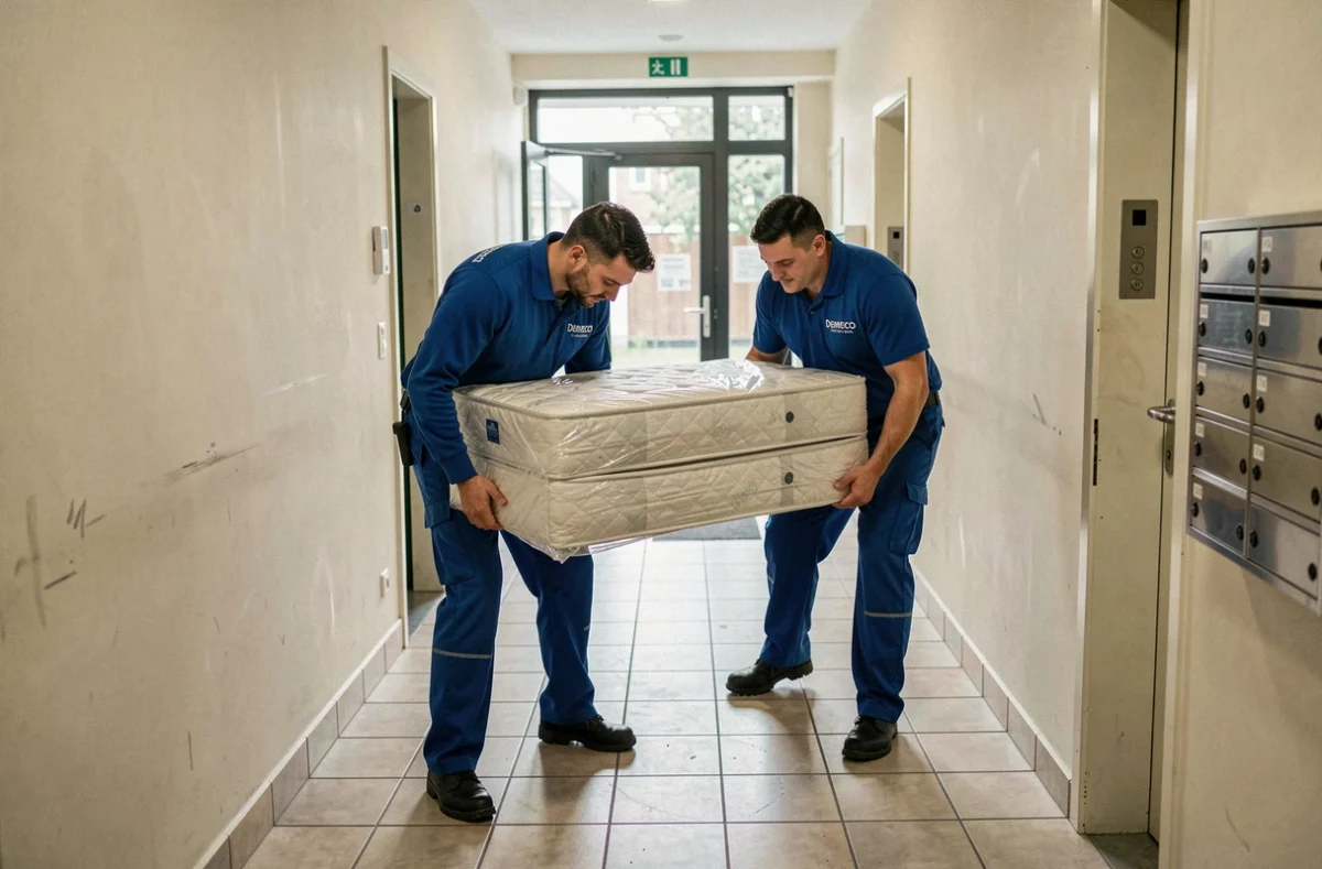 Équipe Demeco Déménagements Caille transportant un matelas dans un couloir d'immeuble à Compiègne