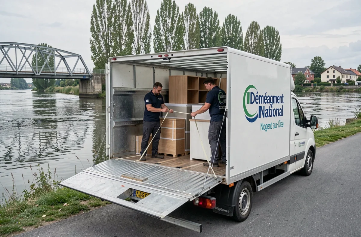 Camion Déménagement National garé au bord de l'Oise à Nogent-sur-Oise avec un déménageur sécurisant des meubles