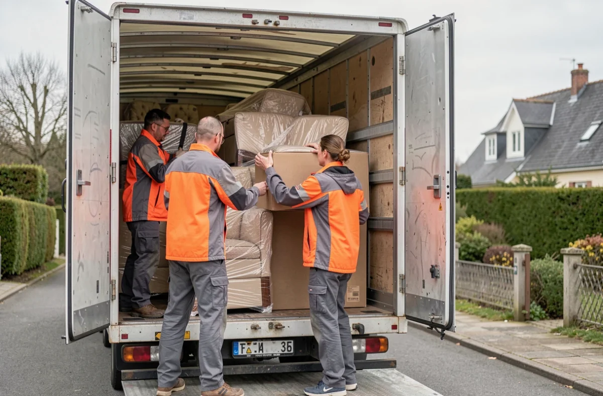 Équipe des Déménagements Gesbert sécurisant des meubles dans le chargement d'un camion de déménagement en Maine-et-Loire