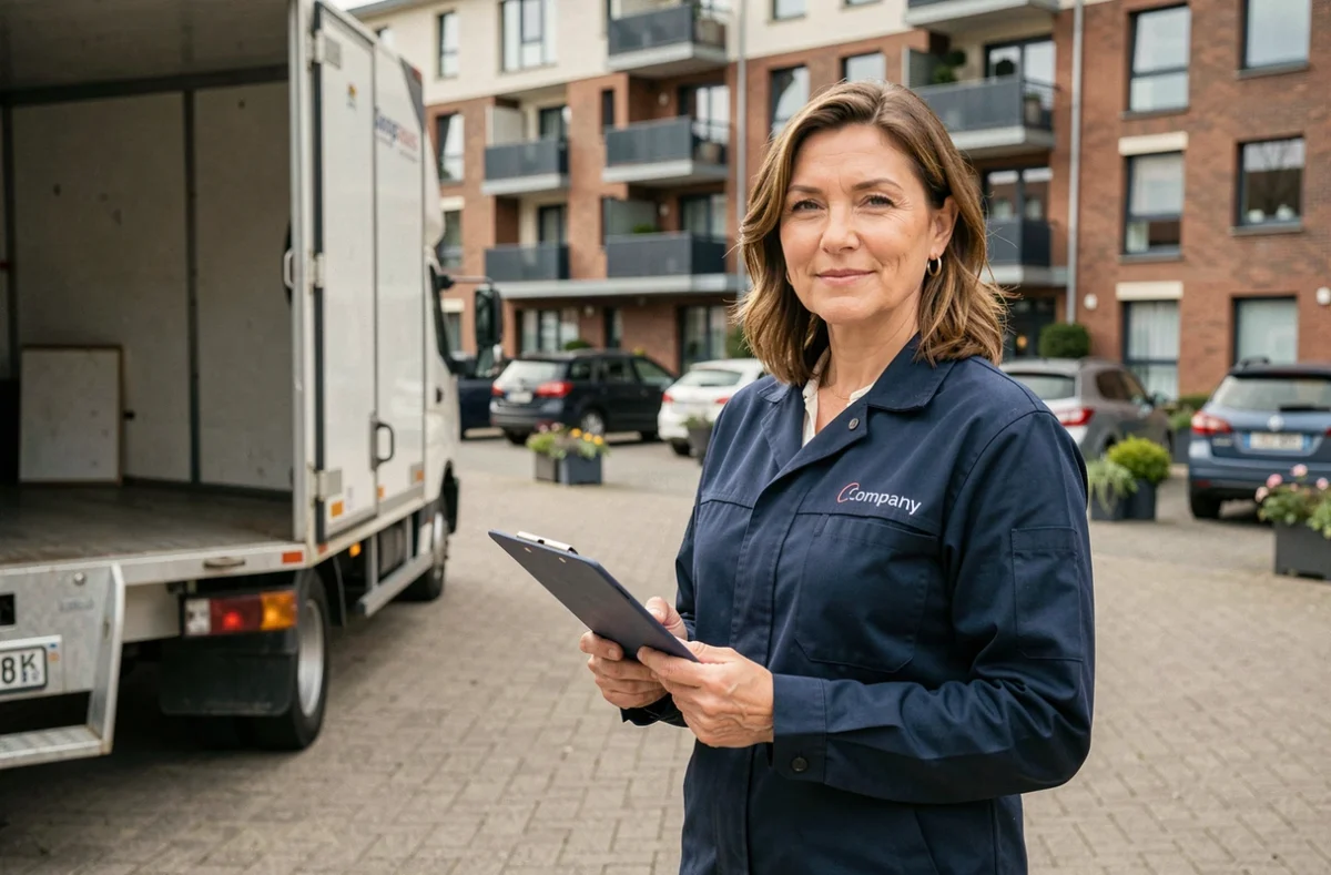 Ingrid Maingret en veste de travail bleue marine debout devant un camion de déménagement dans une cour d'appartements à Angers