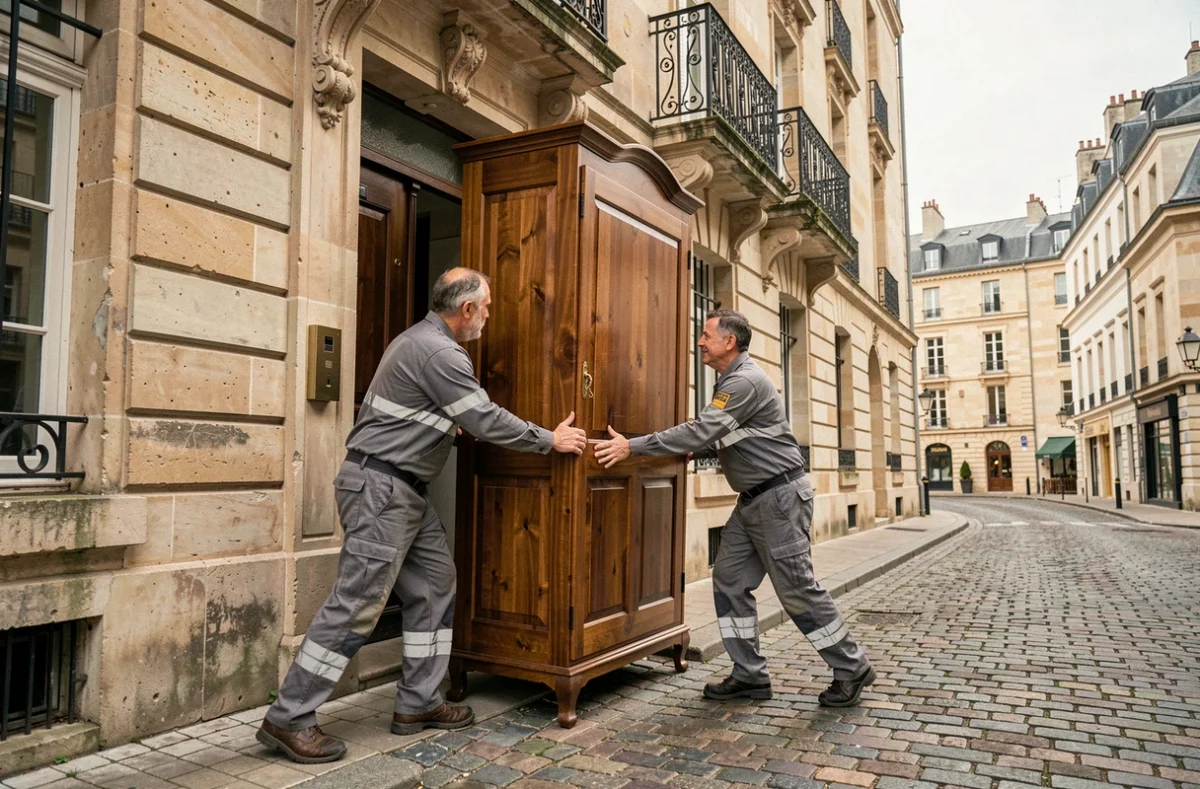 Deux déménageurs de Jean-Pierre Morille et Fils manœuvrant une armoire à travers la porte d'une maison de ville française