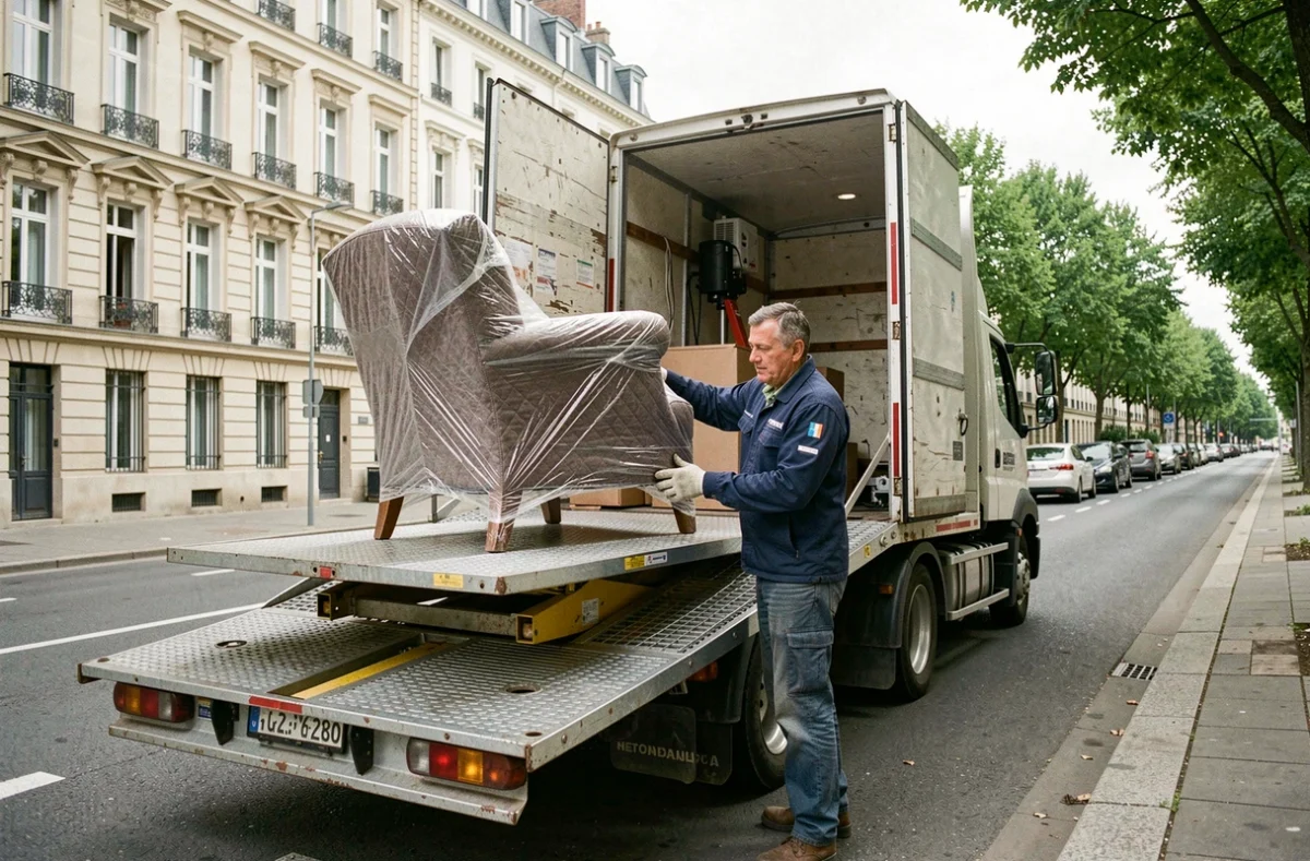 Déménageur de Patrick Pinel à Compiègne utilisant un monte-charge pour charger un fauteuil emballé