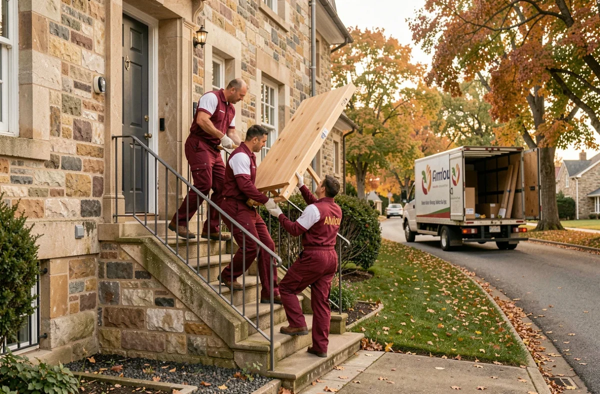 Équipe des Déménageurs de l'Anjou en uniformes bordeaux portant des meubles dans l'escalier d'une maison en pierre typique de l'Anjou