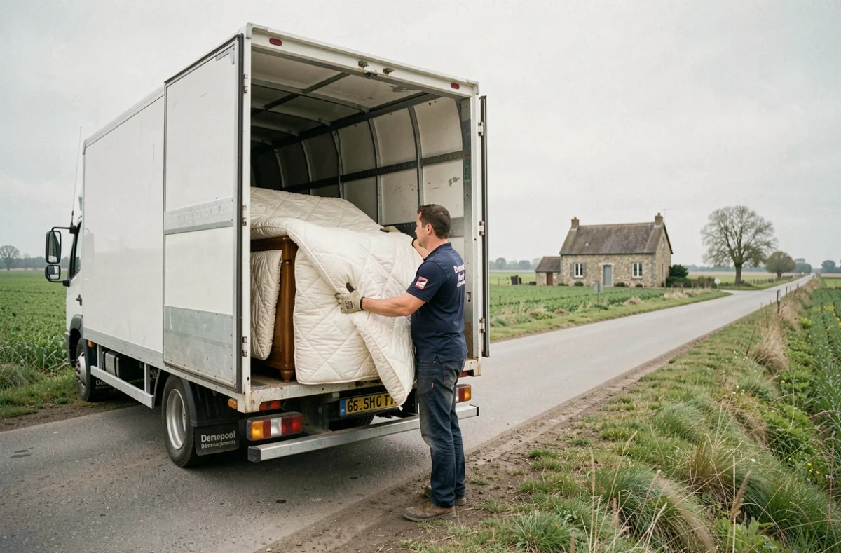 Déménageur de Demepool Nord Déménagements à Luchy chargeant des meubles anciens dans un camion en milieu rural