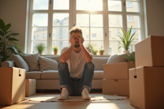 Locataire inquiet assis sur des cartons dans un salon lumineux