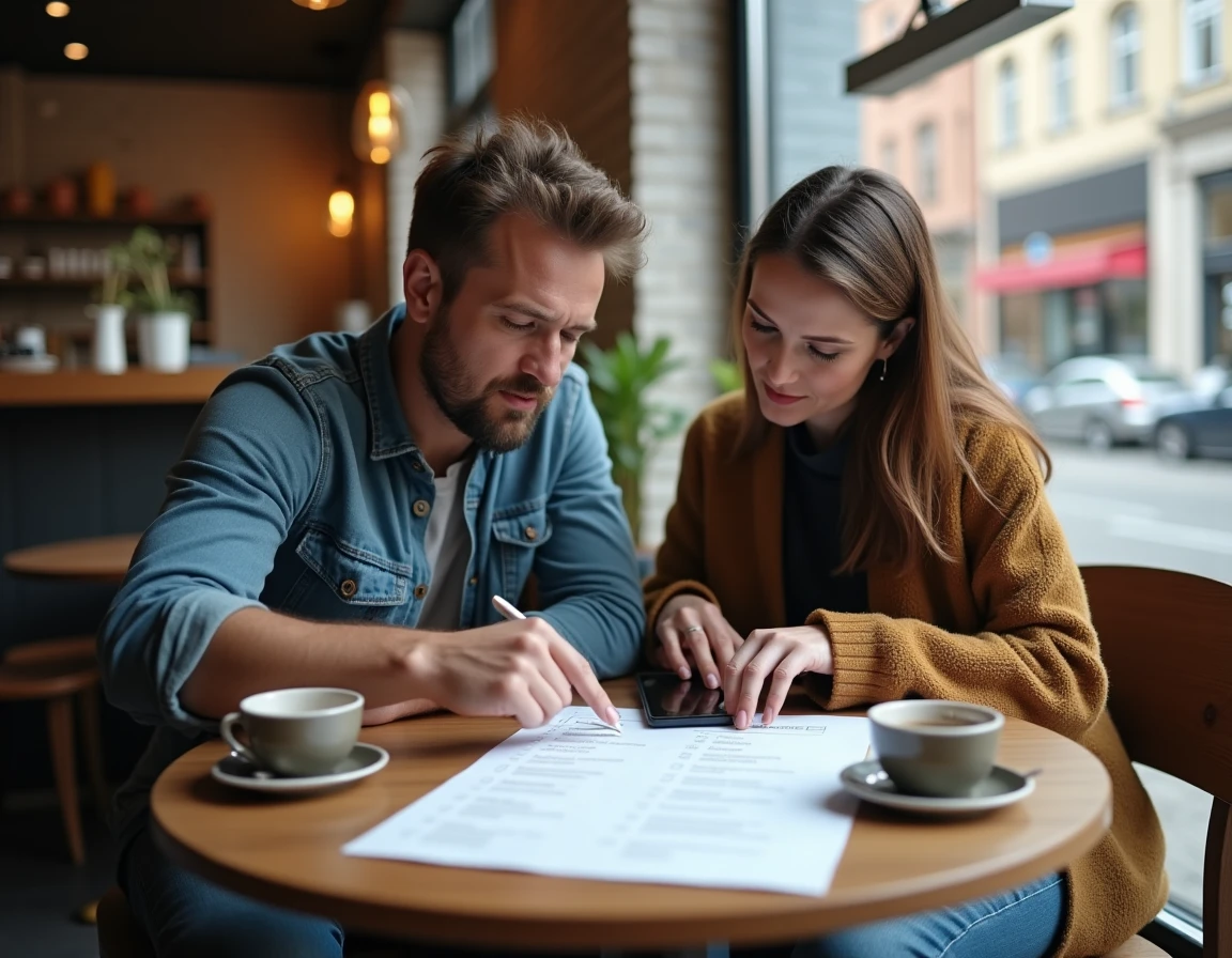 Deux personnes discutent d'une liste de vérification financière dans un café pour évaluer la légitimité de services comme Monopoly Lien