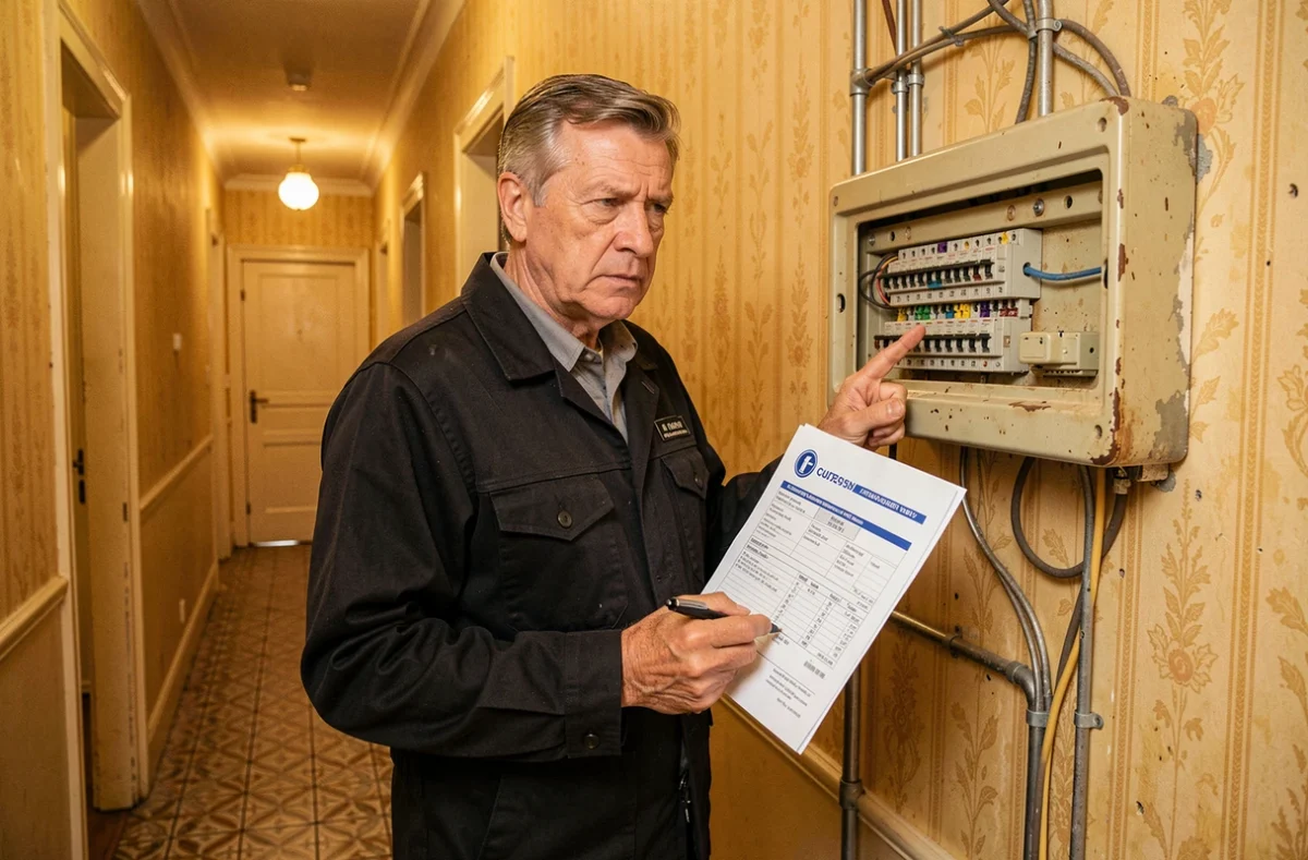 Électricien présentant les résultats d'un diagnostic électrique obligatoire dans une maison ancienne en Vendée