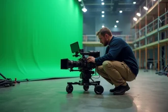 Directeur de la photographie ajustant une caméra cinéma sur un plateau de tournage Marvel avec fond vert