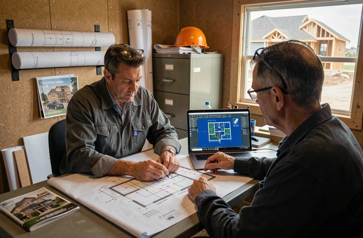 Électricien étudiant le schéma électrique domotique d'une construction neuve sur un plan architectural en Vendée
