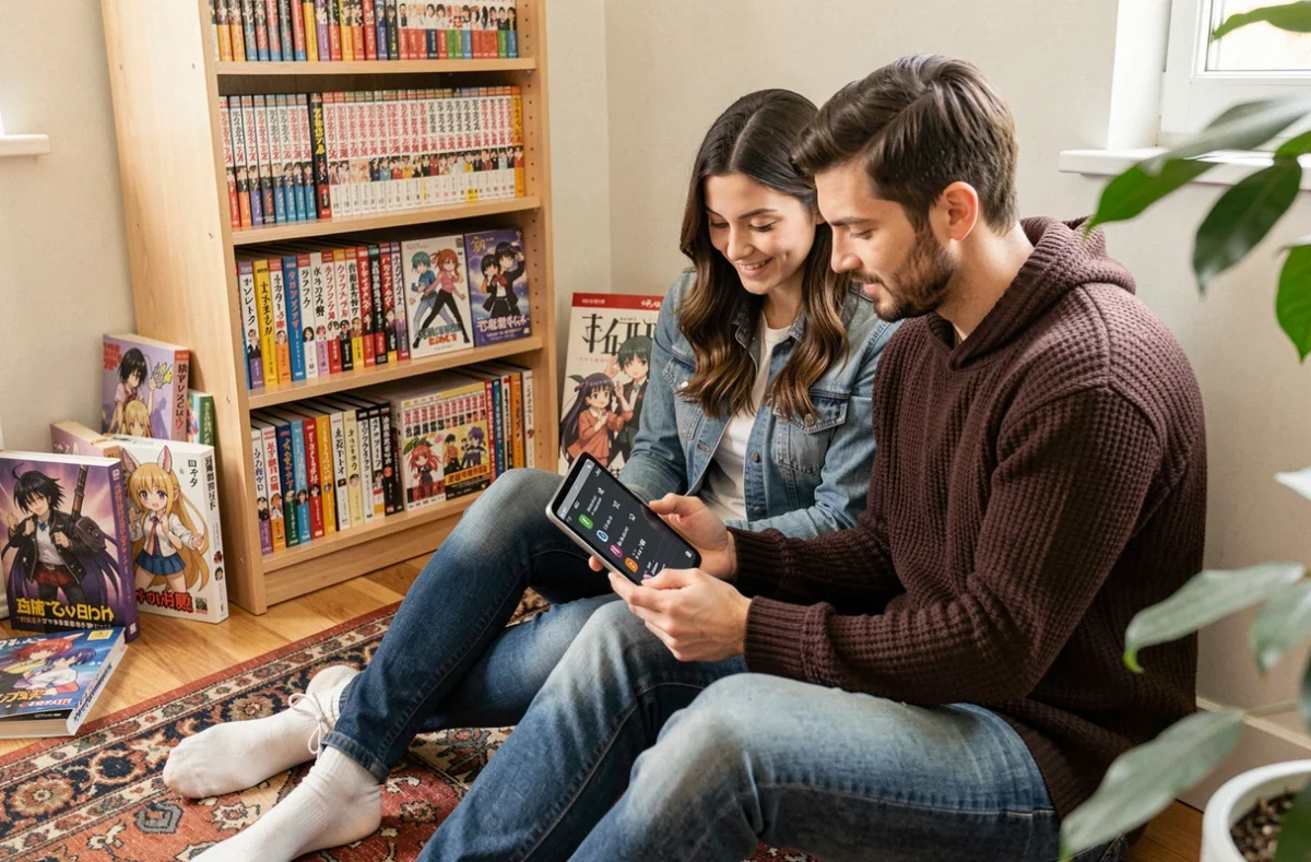 Deux amis passionnés d'anime consultant une liste récapitulative des épisodes Fairy Tail sur une tablette assis contre une bibliothèque de mangas