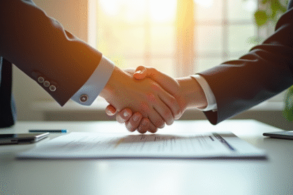 Echange de documents signés sur un bureau lumineux