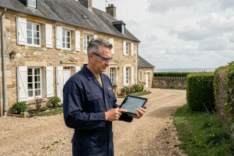 Électricien professionnel en Vendée devant une maison traditionnelle vendéenne tenant une tablette avec un schéma électrique