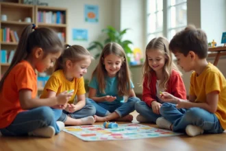 Groupe d enfants d ecole primaire jouant à un jeu éducatif dans une classe
