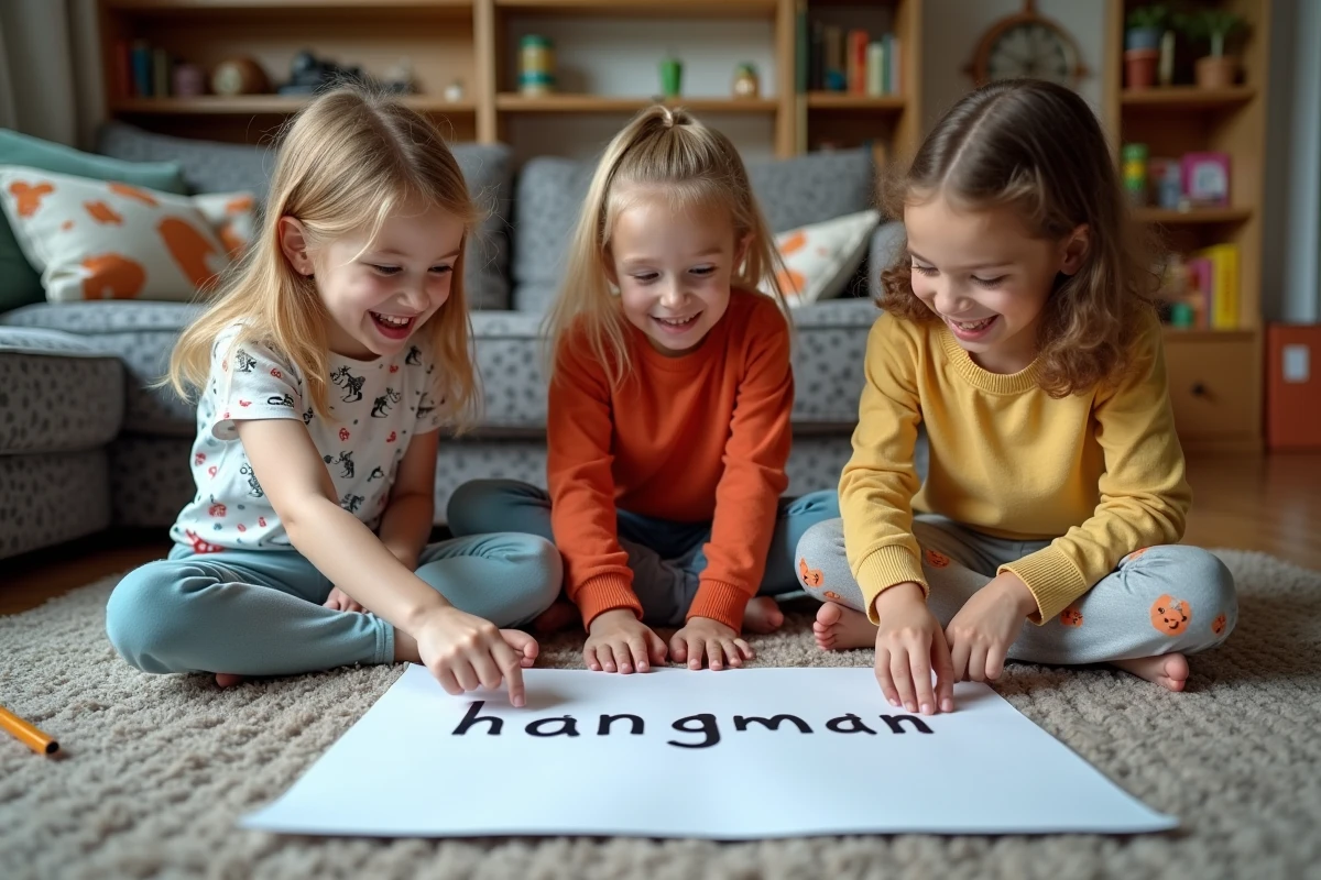 Enfants jouant au hangman dans le salon avec un grand cahier