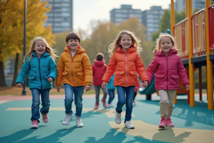 Groupe d'enfants jouant dans un parc urbain coloré