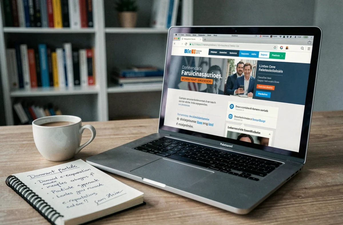 Ordinateur portable affichant un site politique français avec des notes manuscrites sur l'e-réputation et les noms de domaine, contexte de l'affaire cacaboudin.fr
