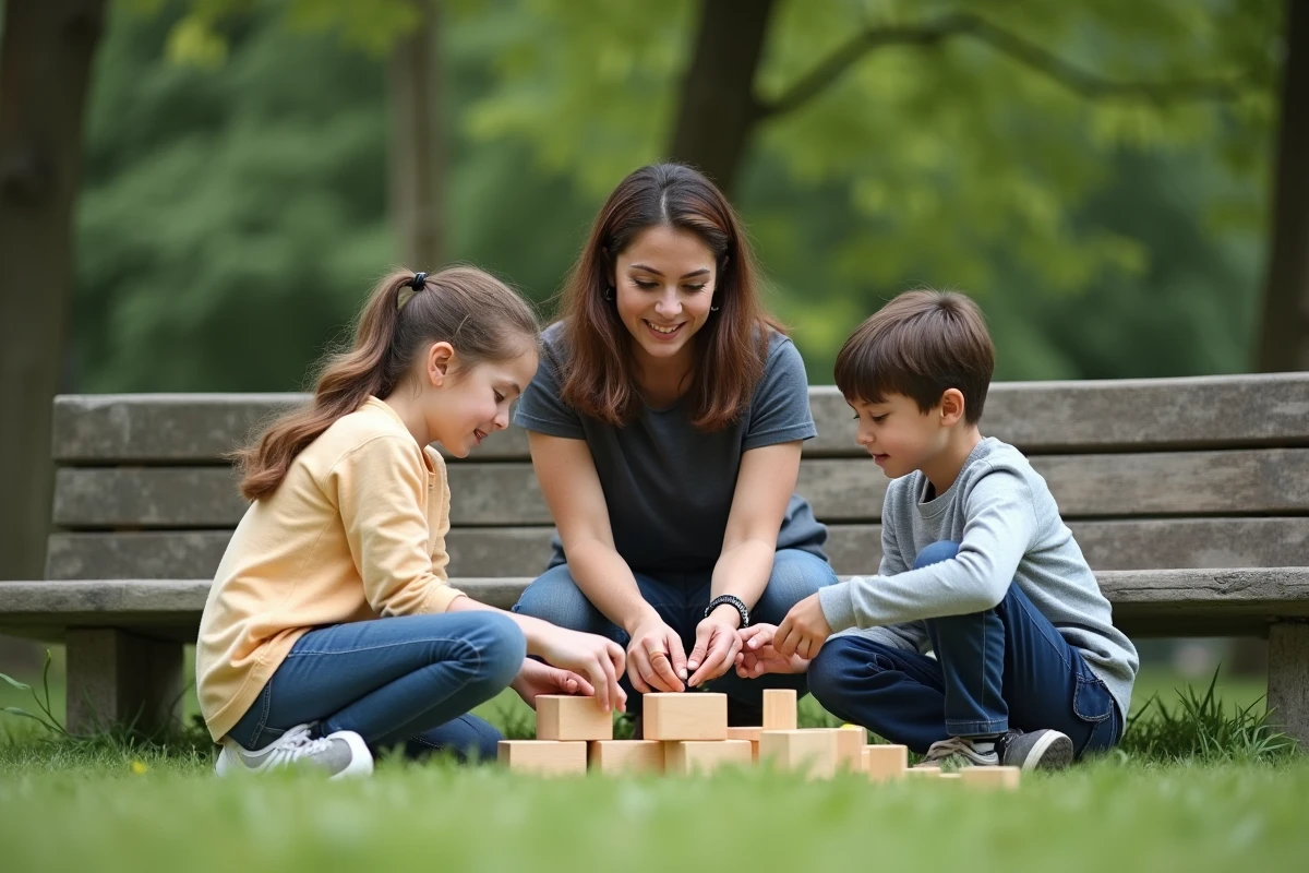 Jeune enseignante aidant deux adolescents à résoudre un puzzle en plein air