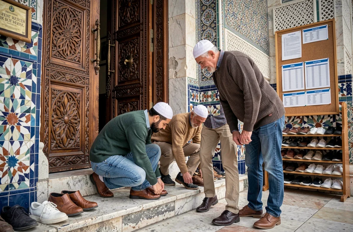 Groupe d'hommes retirant leurs chaussures à l'entrée d'une mosquée à Marseille pour la prière