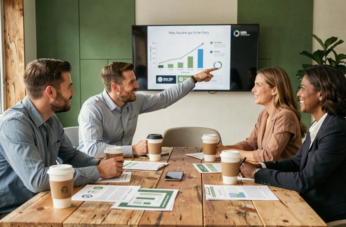 Équipe professionnelle en réunion discutant de stratégies de réduction des coûts et de l'empreinte carbone pour une entreprise