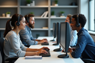 Trois professionnels support informatique au bureau moderne