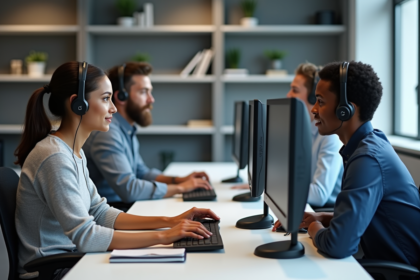 Trois professionnels support informatique au bureau moderne