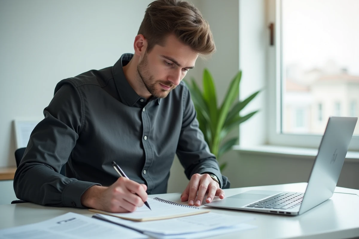 Étudiant en droit rédigeant un plan de dissertation juridique sur l'article 544 à son bureau avec des ressources numériques et imprimées