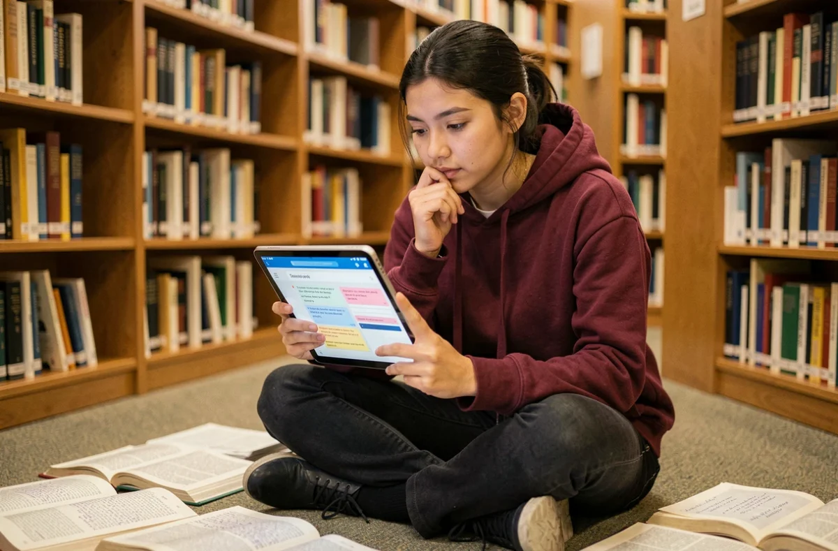 Étudiante en bibliothèque consultant une application de correction grammaticale française sur tablette