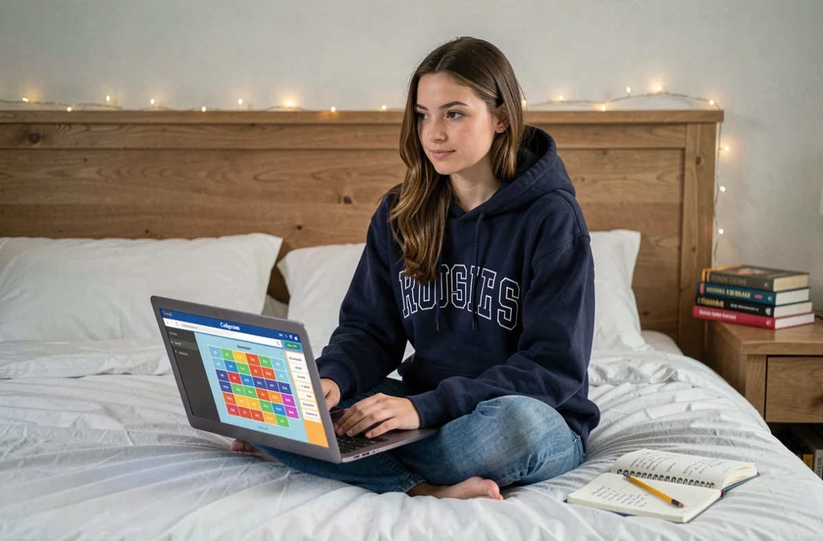 Jeune femme jouant à Codycross sur laptop avec notes manuscrites pour mémoriser le mot du jour