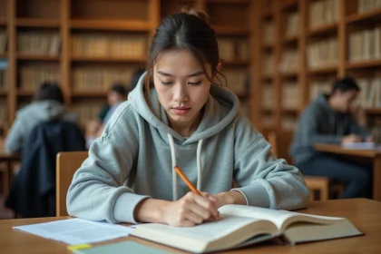Étudiante en droit révisant l'article 544 du Code civil avec des manuels juridiques ouverts dans une bibliothèque universitaire