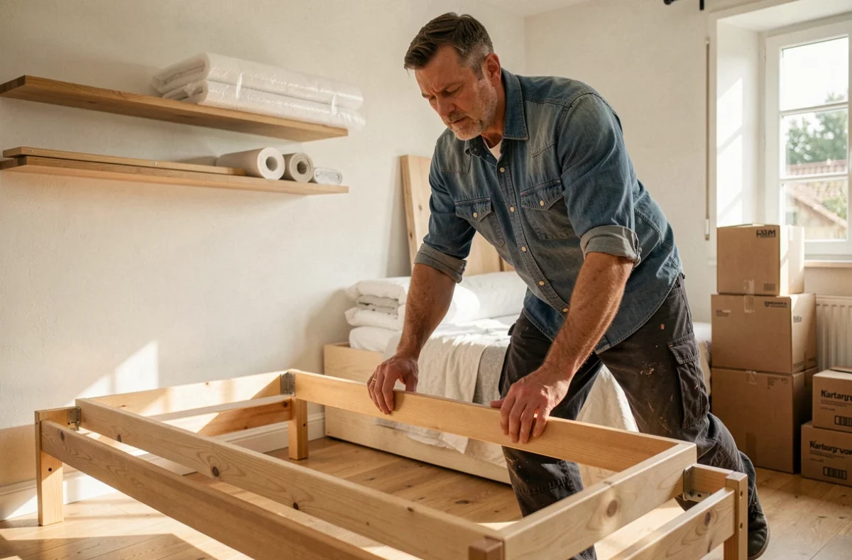 Déménageur indépendant Hervé Bimier démontant un cadre de lit en bois dans une chambre de maison pavillonnaire française