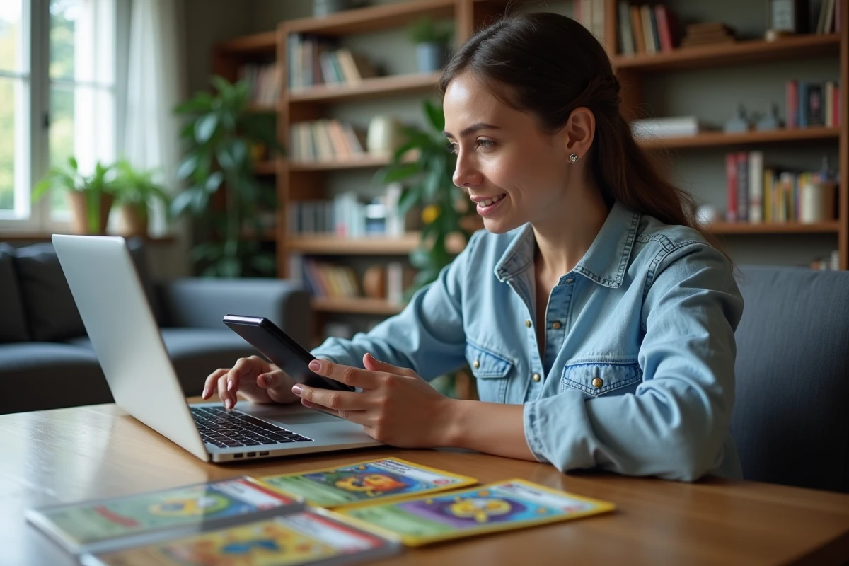 Femme évaluant la valeur de ses cartes Pokémon gradées PSA sur des sites de vente en ligne