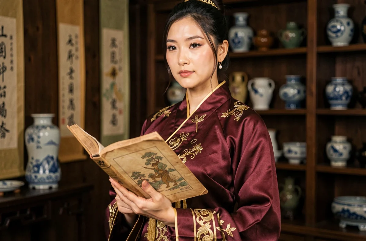 Portrait d'une femme en hanfu bordeaux tenant un livre illustré ancien dans une bibliothèque traditionnelle chinoise, atmosphère mystérieuse et culturelle