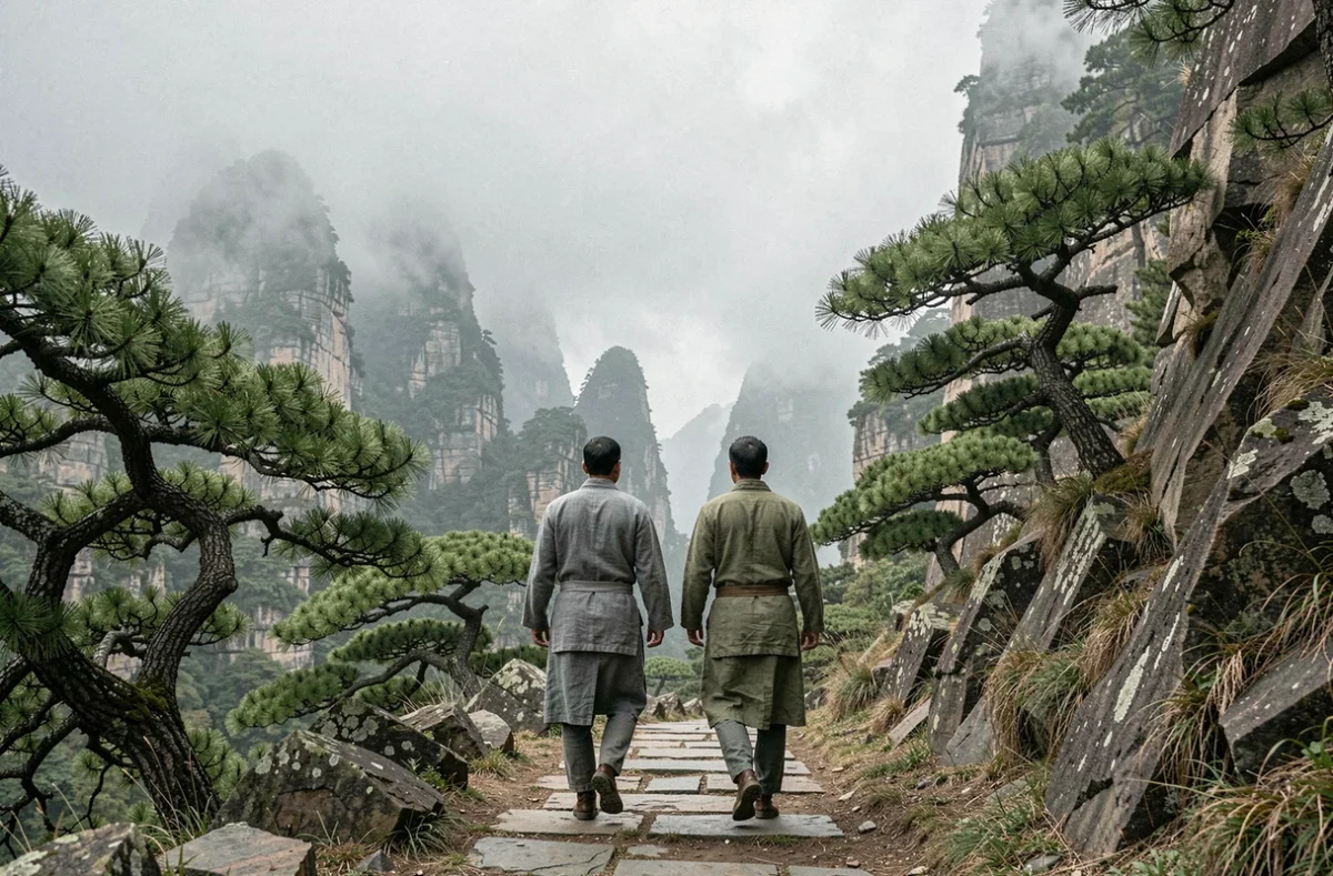 Deux hommes en tenues traditionnelles chinoises marchant sur un sentier de montagne brumeux entouré de pins tordus et de falaises majestueuses, scène de voyage épique