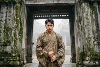 Jeune homme en robe traditionnelle chinoise tenant un bâton devant l'entrée d'un temple ancien recouvert de mousse, ambiance mystique et spirituelle
