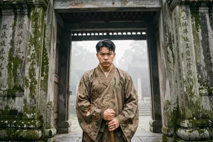 Jeune homme en robe traditionnelle chinoise tenant un bâton devant l'entrée d'un temple ancien recouvert de mousse, ambiance mystique et spirituelle