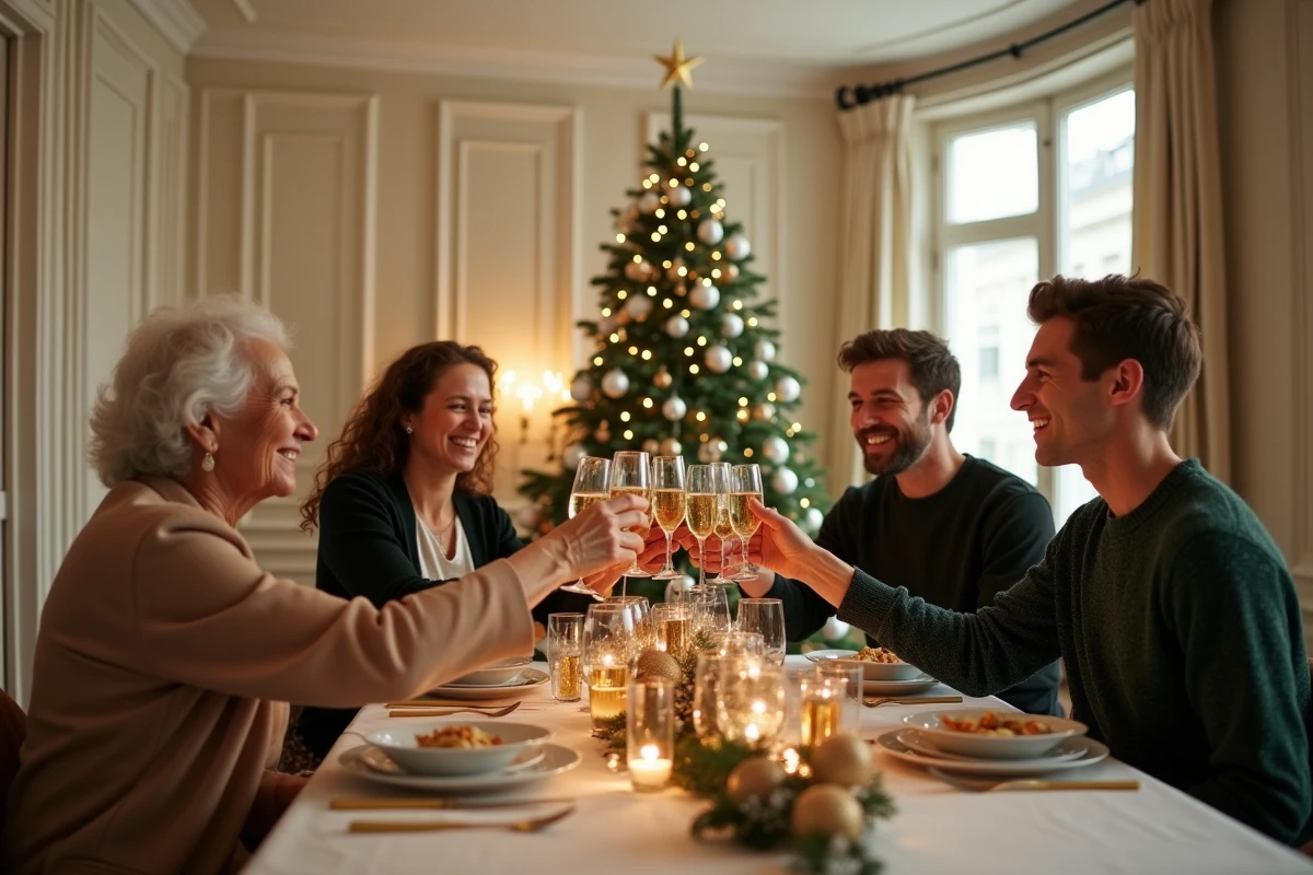Famille française réunie pour célébrer Noël 2026 autour d'une table festive dans un appartement parisien élégant, portant un toast joyeux