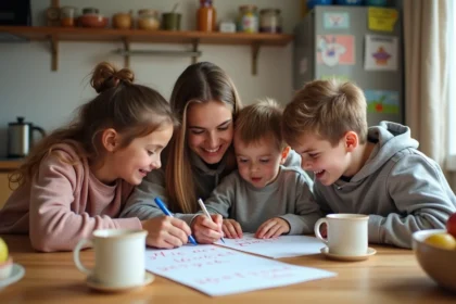 Famille française jouant au hangman dans la cuisine chaleureuse