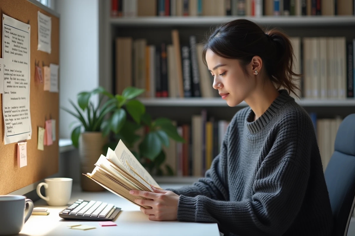 Jeune femme adulte lisant un manga et analysant des théories sur Black Goku et Vegeta Black à son bureau minimaliste avec un tableau de notes épinglées